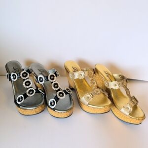 BUNDLE 🔥 Dezario Aria Floral Bouquet Wedge Platform Sandals Black & Gold Size 7